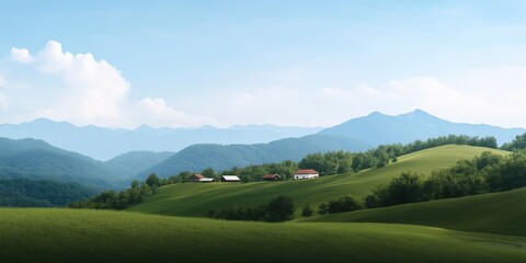 Fototapeta premium A serene and expansive view of rolling hills and scattered homes adorned with lush greenery and blue skies.