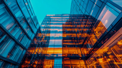 Modern Glass Skyscrapers at Dusk: Urban Architecture and City Lights