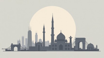 Obraz premium Serene Skyline Featuring Architectural Wonders of Diverse Cultures Under a Gentle Sunset