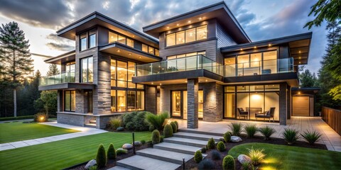 Fototapeta premium Modern High-Tech Villa with Large Glass Windows and a Well-Manicured Lawn