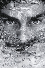 Artistic Monochrome Portraits of Faces Submerged in Water with Dramatic Abstract Effects and Emotional Intensity