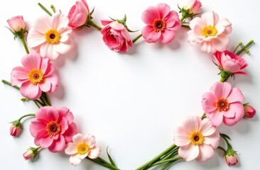 Fototapeta premium Heart of delicate flowers on a white background. space for text