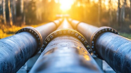 Fototapeta premium Industrial Pipes Leading Towards Sunlit Horizon in Nature Setting