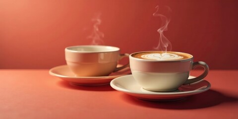 Fototapeta premium Two steaming cups of coffee with latte art, served on saucers, presented against a warm coral background. A moment of quiet enjoyment and warmth.