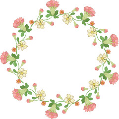 Sweet floral wreath pink flowers illustration,yellow petal,green leaf,botanical ring for greeting card,seasonal celebration Christmas,new year,birthday card,wedding invitation