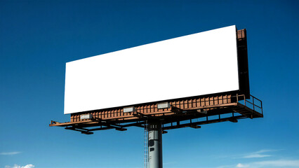 Obraz premium Blank Billboard Against Blue Sky: Outdoor Advertising Space, Empty Signboard for Marketing Campaign, Commercial Advertisement Mockup