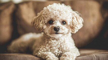Curly-haired Dog Relaxes Contentedly on Comfortable Living Room Couch