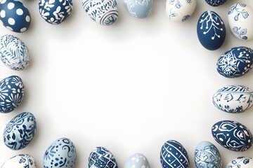 Elegant Hand-Painted Easter Egg Border in Blue and Navy with Intricate Designs - Minimalistic Illustration