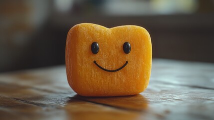 A cheerful, cartoonish orange cheese block with a smiling face on a rustic wooden table