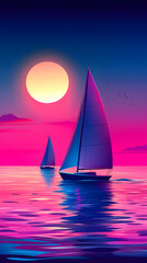 Fototapeta premium Two sailboats gracefully glide across a vibrant ocean under a large, setting sun, casting a mesmerizing pink and purple glow on the water.