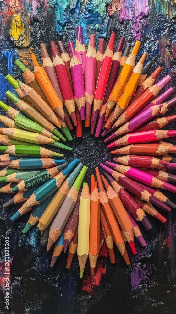 Poster colorful collection of colored pencils arranged in a circular pattern on textured surface