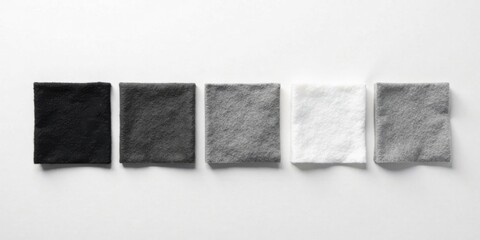Fototapeta premium A grayscale collection of soft, textured fabric swatches arranged in a neat row against a clean white background showcasing a spectrum of subtle shades
