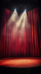 Light shining through red velvet curtains in a dark theater setting with smoke