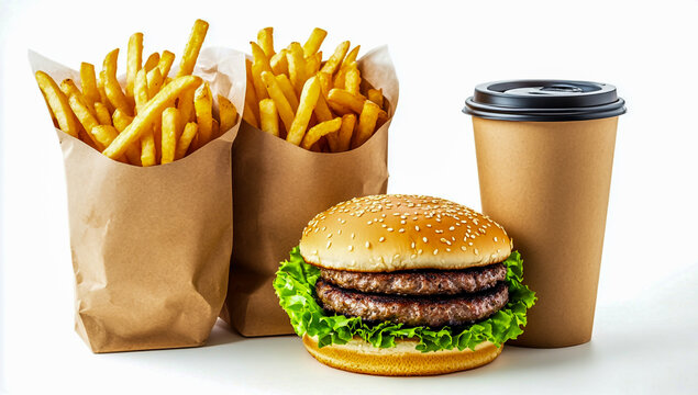 Tasty burger and crispy fries wrapped in a brown paper bag, with a steaming coffee cup, isolated on a clean white background.