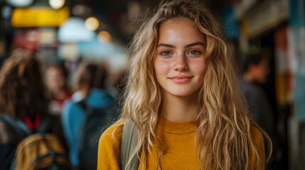 Fototapeta premium Portrait of a teenage girl with blonde hair and freckles, wearing a mustard sweater and backpack, in a blurred city background