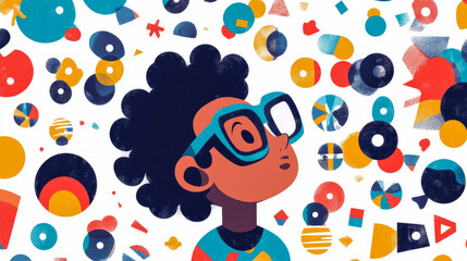 Child Wondering Amidst Abstract Shapes: A Colorful Illustration