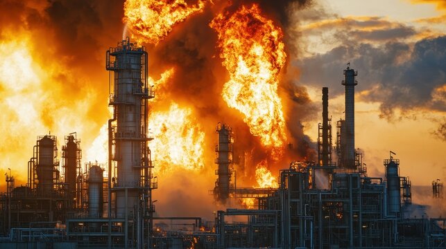 Bright fire and thick smoke filling petrochemical facility, explosion aftermath, machinery ablaze.