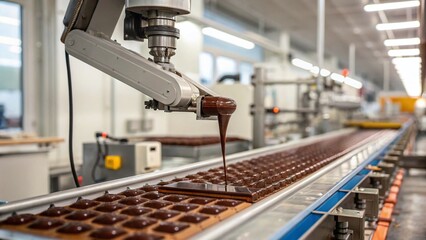 Naklejka premium Miniature Automated Chocolate Factory: Robotic Arm Dispensing Melted Chocolate on Production Line