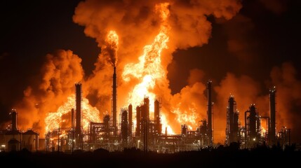 Obraz premium Petrochemical plant consumed by flames, thick smoke billowing, intense heat from explosion.