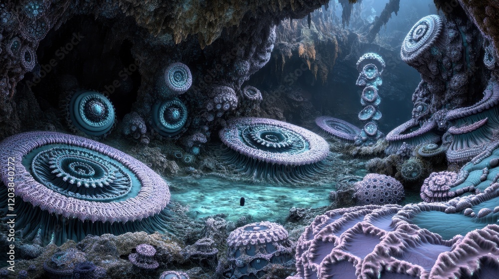 Poster alien subterranean biome with intricate spiral structures