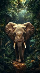 Majestic elephant wandering through a lush green jungle during the early morning light