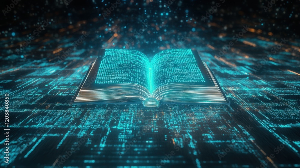 Poster open book with digital data and light effects in dark background