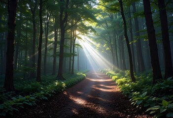 Obraz premium A sunlit trail running through a dense forest