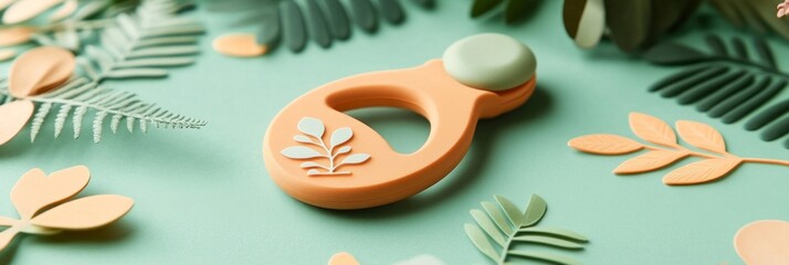 Naklejka premium Pastel orange baby teether on mint background with paper leaves.