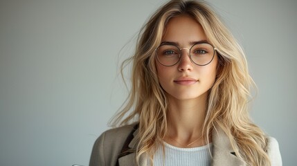 Attractive Young Woman with Blonde Hair and Round Glasses Portrait