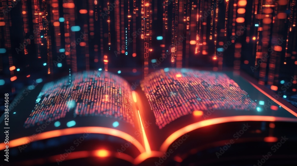 Poster open book with binary code and digital rain in dark background