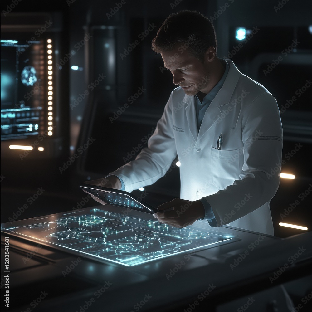 Poster scientist analyzing data on a transparent touchscreen in a high tech laboratory environment. generat