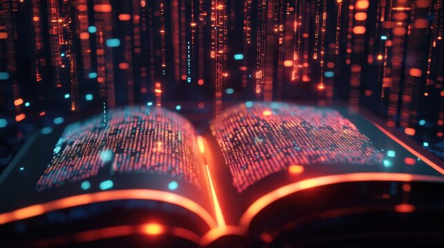 Open Book with Binary Code and Digital Rain in Dark Background