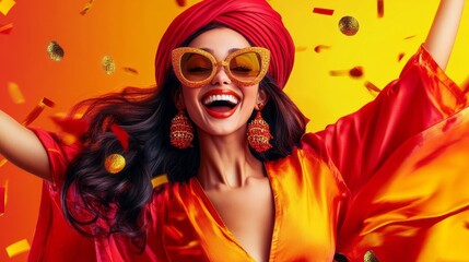 Joyful woman in vibrant orange and red silk outfit, celebrating with confetti.
