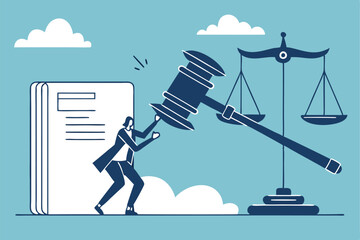 Business professional, giant gavel, regulations document, scales of justice, blue background, white clouds, minimalist illustration, flat design, conceptual legal image, busine