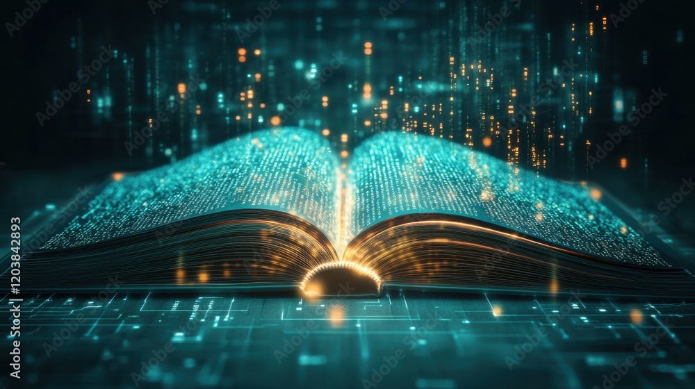 Poster open book surrounded by floating digital data and light effects
