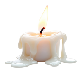 Dripping wax candle with burning flame, isolated on transparent cutout background
