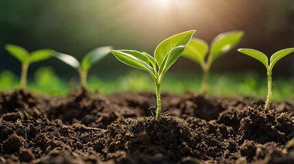 New fresh small plant growth up on green under the sunlight