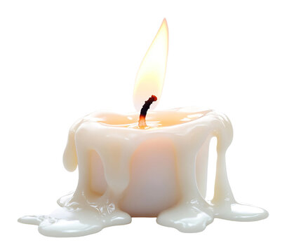 Dripping wax candle with burning flame, isolated on transparent cutout background