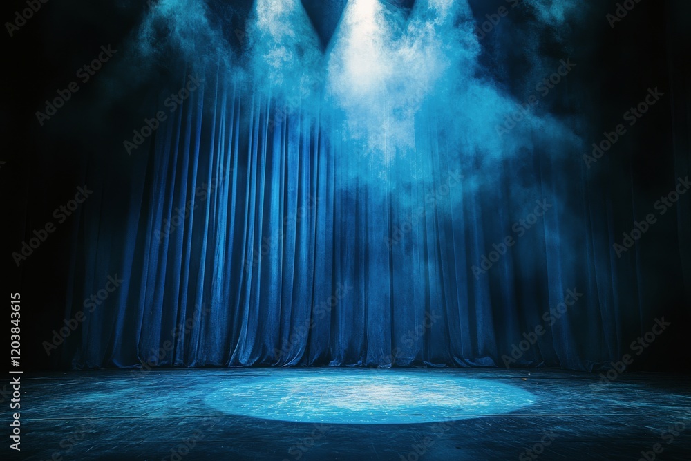 Poster soft blue lights illuminate a stage with dark curtains in a theater setting for a performance