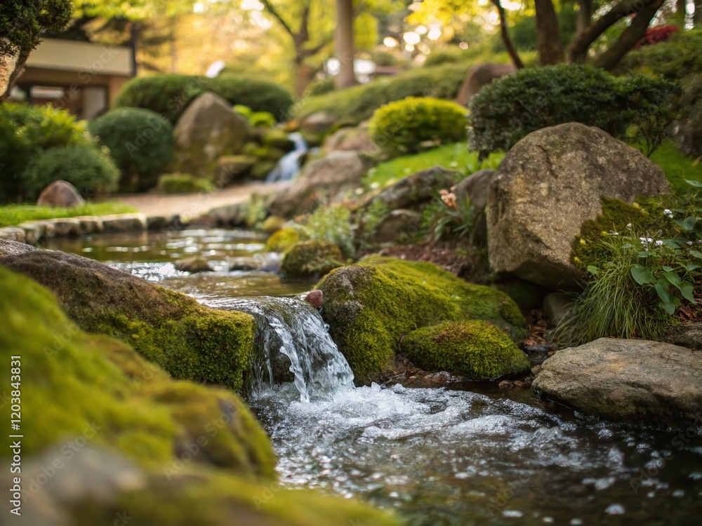 Wall mural Miniature Garden Waterfall: Close-up of Water Flowing Over Rocks