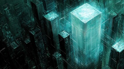 Obraz premium A floating cyberpunk plaza glowing with radiant sculptures and vibrant holograms. Autonomous shops sell digital art and augmented reality experiences, while pathways of light connect the different 