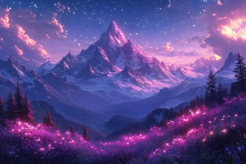 a breathtaking fantasy landscape depicting otherworldly mountains under a starry sky with glowing flora and surreal elements that invite exploration and wonder