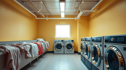 A sleek, contemporary laundry room with front-loading washers, complemented by soft pastel laundry colors and natural light, offering a bright and airy space for everyday chores