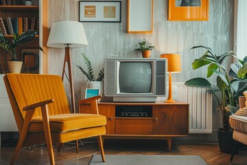 Cozy retro living room with mid-century decor and vintage television set