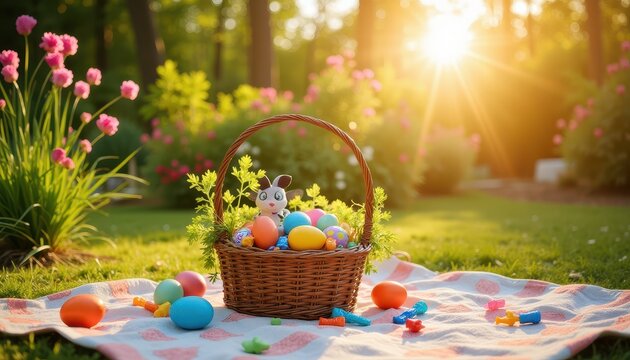 A wicker basket filled with colorful Easter eggs and a small toy bunny sits on a picnic blanket in a garden. The sun is setting, casting a warm glow over the scene, with pink flowers and greenery in t