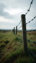 A Barbed Wire Fence Stretching Across an Open Field with an Overcast Sky