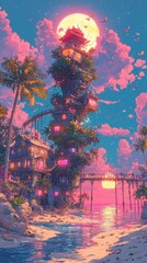 Fototapeta premium A futuristic coastal city where radiant towers rise from glowing platforms above the ocean. The entire city pulses with vibrant neon lights, and glowing bridges stretch across the water, connecting 