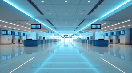 Modern Airport Check-In Area with Bright LED Lighting and Digital Displays