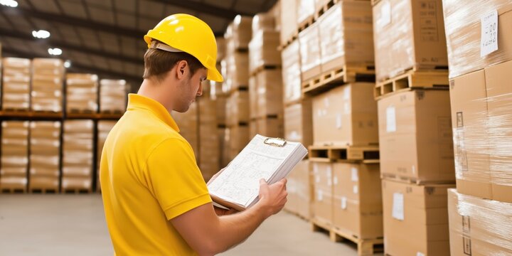 A worker with a yellow hard hat and clipboard checks inventory in a large warehouse filled with boxes.