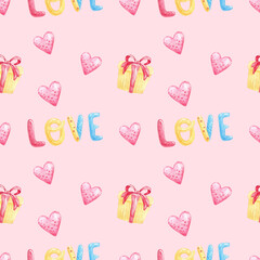 Cute hand drawn hearts seamless pink pattern, lovely romantic background, great for Valentine's Day, Mother's Day, textile, wallpaper, banner - watercolor design